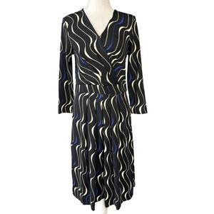 Talbots Womens 6 Black Wavy Stripe Wrap Fit & Flare Midi Dress Jersey